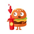 Funny burger with big eyes standing and holding a red bottle of ketchup. Cute cartoon fast food emoji character vector