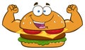 Funny Burger Cartoon Mascot Character Flexing His Muscles