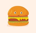 Funny burger with happy face. Cute hamburger with eyes and smile. Fast food character, sweet cheeseburger with bun head