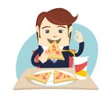 Funny business man eating pizza at cafe table. Flat style Royalty Free Stock Photo