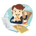 Funny business man eating pizza at his office work place with OK Royalty Free Stock Photo