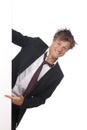 Funny business man pointing at a white board Royalty Free Stock Photo