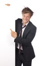 Funny business man pointing at a white board Royalty Free Stock Photo