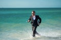 Funny business man in suit on sea. Summer vacation, business on sea beach. Summer rest, business people concept