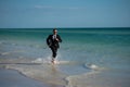 Funny business man in suit on sea. Summer vacation, business on sea beach. Summer rest, business people concept Royalty Free Stock Photo