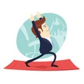 Funny business man wearing suit doing yoga meditating pose warrior in front his office workplace. Flat style, white background