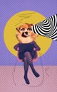 Funny business woman with dog head sitting with laptop on color abstract background. Art design. Concept of modern Royalty Free Stock Photo