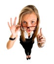 Funny businessl girl pointing up, fish eye lens portrait. Royalty Free Stock Photo