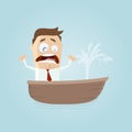 Funny businessman in a boat with a leak