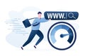 Funny businessman fast runs. Employee or user holds www symbol. Fast internet connection, high speed web surfing and content