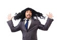 Funny businessman with female wig isolated