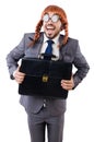 Funny businessman with female wig isolated