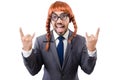 Funny businessman with female wig isolated