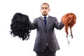 Funny businessman with female wig isolated