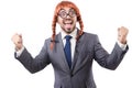 Funny businessman with female wig isolated