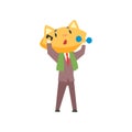 Funny businessman fox in a suit talking on the phone and exercising with dumbbell, cute animal boss character cartoon