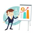 Funny businessman holding pointer flipchart growing graphic Bitcoin digital currency