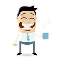 Funny businessman is holding a steaming cup of coffee