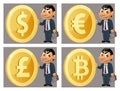 Funny businessman holds symbol of different currencies. Dollar, euro, pound sterling, bitcoin