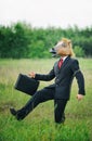 Funny businessman horse on field full of grass