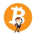 Funny businessman looking forward in front of Bitcoin. Miner cryptocurrency Royalty Free Stock Photo