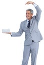 Funny businessman offering gift