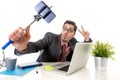 Funny businessman at office desk taking selfie photo with mobile phone camera and stick Royalty Free Stock Photo