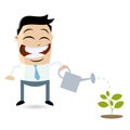 Funny businessman pouring water on a small plant