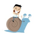 Funny businessman riding a slow snail