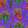 Funny cactus and chili pepper pattern Royalty Free Stock Photo