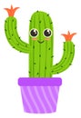 Funny cactus in pot. Cute cartoon plant character