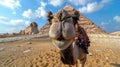 funny camel poses in front of a historical landmark, one of the Seven Wonders of the World - the Egyptian Pyramids in Giza and the Royalty Free Stock Photo