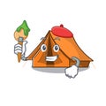 Funny camping tent Scroll Artist cartoon character holding brush