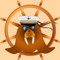 Funny captain walrus is ready to travel. Simple cartoon captain walrus blows bubbles through the tube.