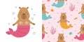 Funny capybara with mermaid tail seamless pattern