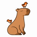 Funny capybara sits with birds on it. Color vector illustration. Design element for design of brochures banners menu posters.