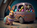 The funny car of the Easter Bunny with colorful easter eggs Royalty Free Stock Photo