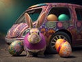 The funny car of the Easter Bunny with flower patterned easter eggs Royalty Free Stock Photo