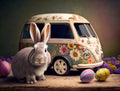 The funny car of the Easter Bunny with flower patterned easter eggs Royalty Free Stock Photo
