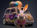 The funny car of the Easter Bunny with patterned easter eggs Royalty Free Stock Photo