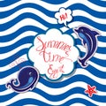 Funny Card with blue whale and dolphin on striped background. Royalty Free Stock Photo