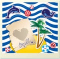 Funny Card with dolphin, whale, island with palms Royalty Free Stock Photo