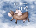 funny card with flying cow in clowds, children's illlustration Royalty Free Stock Photo