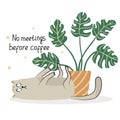 Funny card with a lazy cat and monstera houseplant.