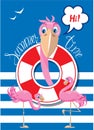 Funny Card with pink flamingos on stripe background