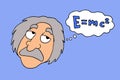 Funny caricature of Albert Einstein thinking about the formula of the General Theory of Relativity