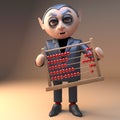 Funny caroon vampire dracula holds an abacus with blood red beads, 3d illustration