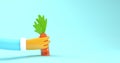 Funny carrot character resists the hand on the blue background. Advertising concept with vegetables. Seamless looping animation