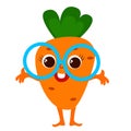 Funny carrot with glasses and with a face and arms and legs. Character design in cartoon childish style for stickers.