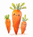 Funny carrots characters, watercolor cartoon illustration on white background. Generative AI